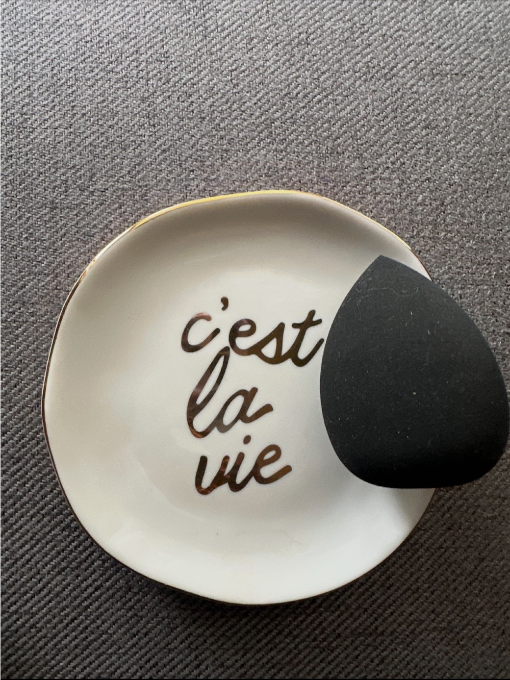 C'est la Vie White Ceramic Trinket Dish with Gold Edge